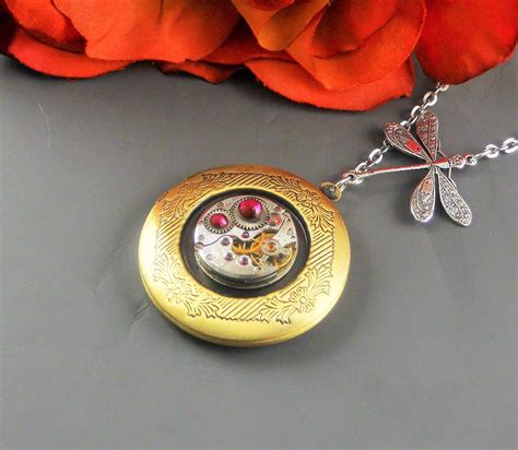 Steampunk Locket Necklace Watch Movement Swarovski Personalized Gift