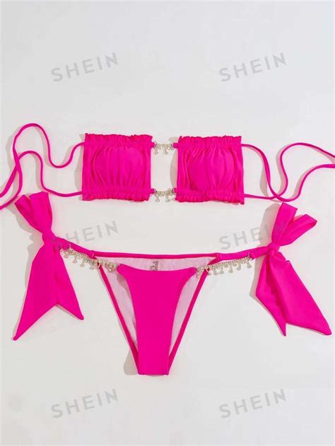 Shein Swim Sxy Ruched Bikini Set Frill Trim Glitter Chain Linked Bandeau Bra Thong Bottom