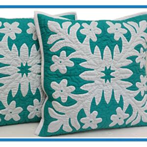 Hawaiian Quilt Pillow Slip Off White On Aqua Green Plumeria Dbi