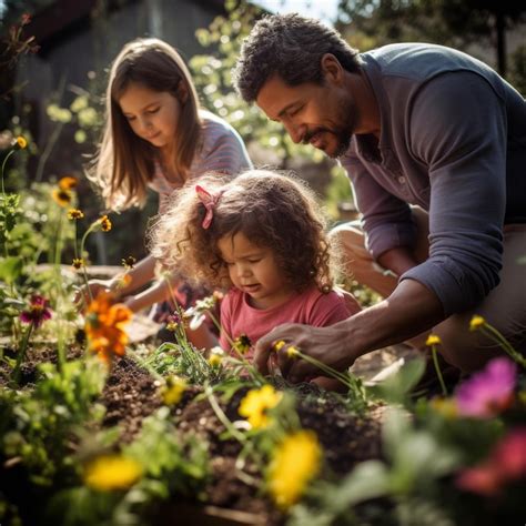 Premium AI Image | Photo family tending flowers in the garden a father ...