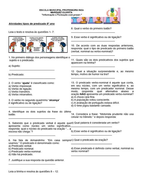 Atividade Sobre Tipos De Predicado - Atividades sobre Tipos de Predicado 8º Ano | PDF | Predicado (gramática ...