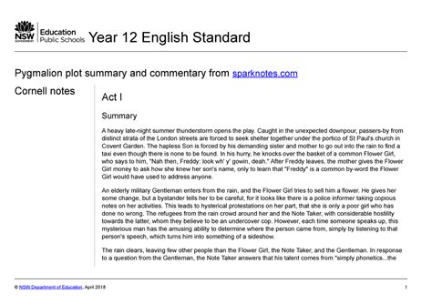 English S6 Pygmalion Resource 26 Pygmalion Plot Summary And Commentary Year 12 English