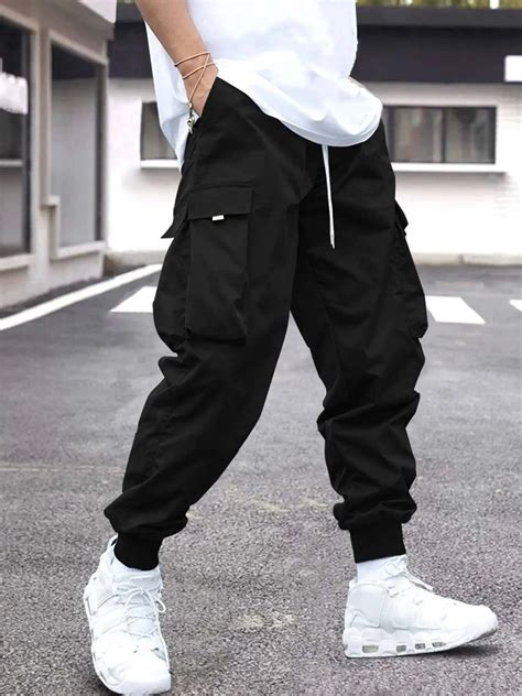 Men Flap Pocket Side Drawstring Waist Cargo Pants Casual Pants