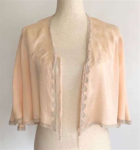 Peach Silk Bed Jacket Vintage S Lingerie Sleepwear Beige Lace Trim Floral Embroidery Size XS