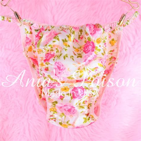 Sissy Floral Satin Panties Polyester Shiny Wetlook String Bikini Sissy Bias Cut Satin Panties