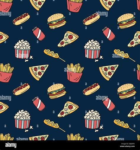 Fast Food Vector Seamless Pattern Fastfood Elements Background Hand