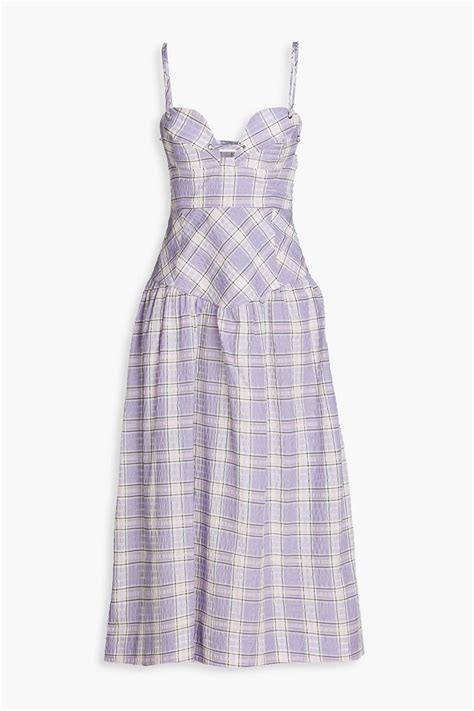 Ganni Gathered Checked Cotton Blend Seersucker Midi Dress The Outnet