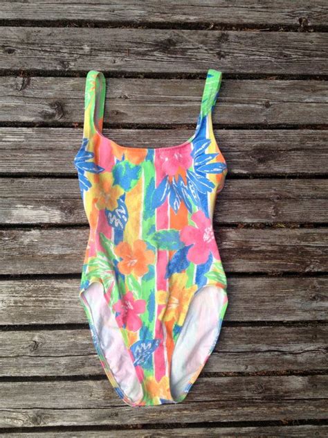 Vintage S Neon Swim Suit S Tropical Floral Etsy Swimsuits