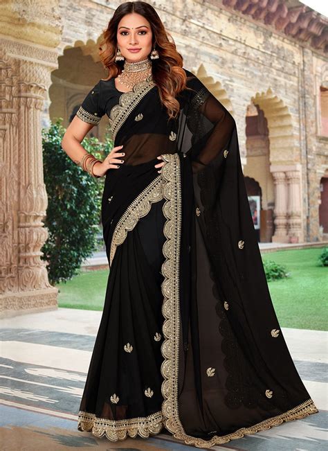 Buy Black Faux Georgette Embroidered Saree Party Wear Online At Best