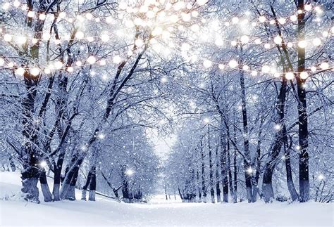 a snow covered road surrounded by trees in the middle of winter with lots of snow flakes