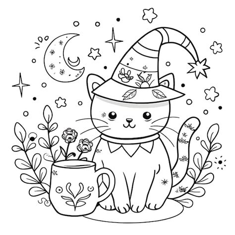 Cute Halloween Cat with Witch Hat Line Art for Coloring | Premium AI ...