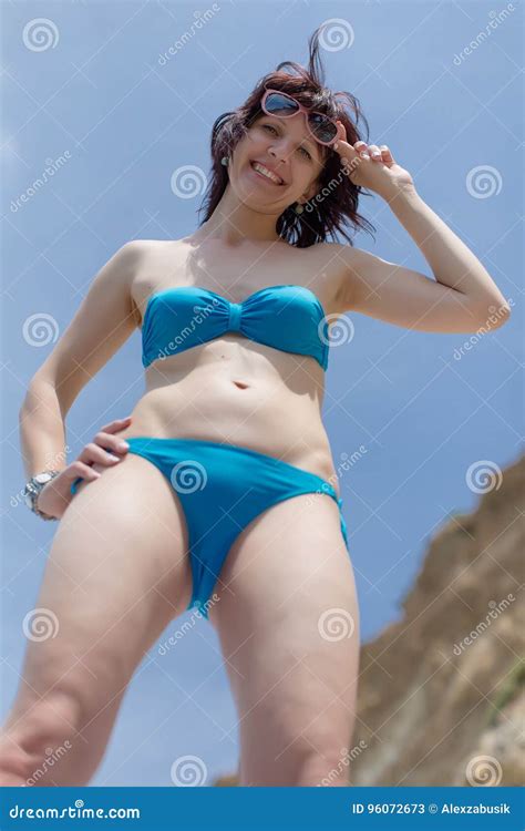 Middle Age Woman In Bikini Posing Against Sky Stock Image Image Of