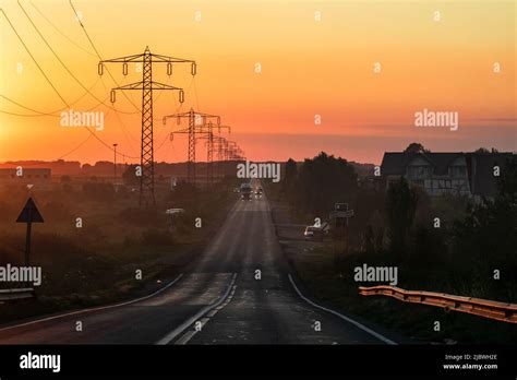 Electric Power Pylon Electric Tower At Sunset Stock Photo Alamy