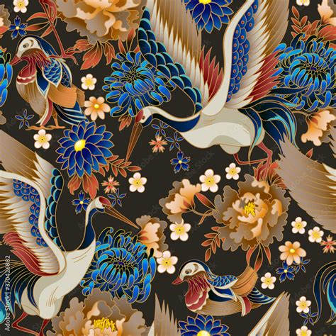Seamless Pattern With Mandarin Ducks Flowers And Cranes Vector Stock