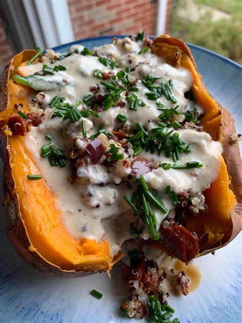 Quinoa Stuffed Sweet Potato With Lemon Tahini Dressing Dining And Cooking