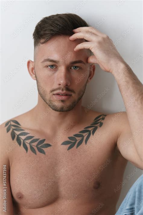 Modelling Snapshots Closeup Portrait Of Attractive Naked Handsome Man In Jeans Touch Forehead