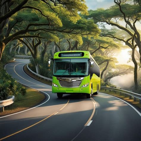 A Green Bus Is Driving Down The Road With Trees On The Side Premium