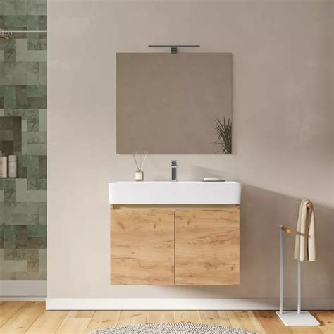 Mobile Bagno Sospeso 80 Cm Rovere Gold Con Lavabo Integrato E Specchio