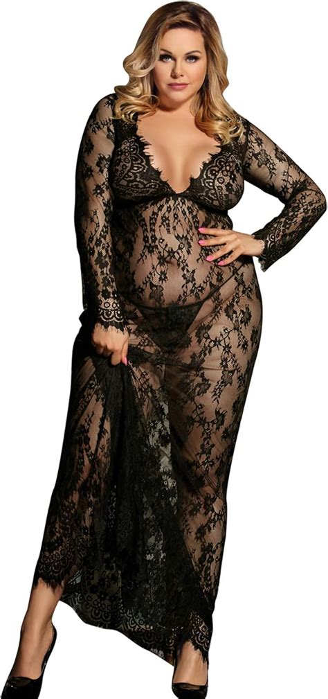Ohyeahlady Plus Size Long Lingerie Set For Womens Lace V Neck Mesh Sexy Nightdress Babydoll