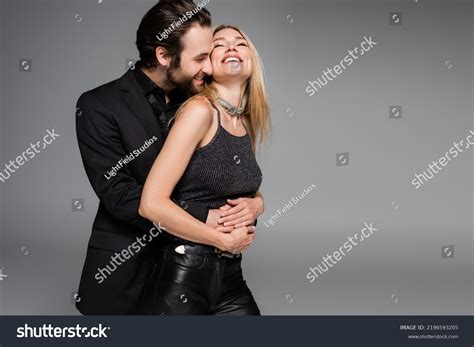 Bearded Man Jacket Hugging Smiling Blonde Stock Photo 2196593205 Shutterstock