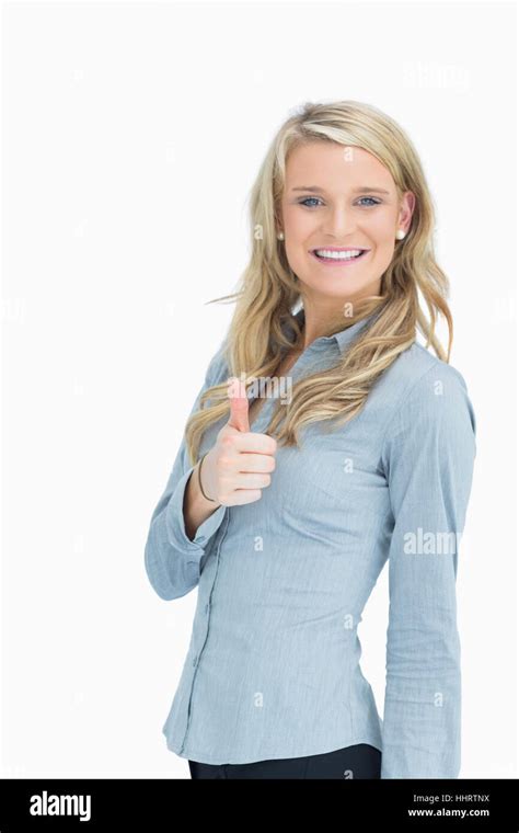 Blonde Woman Holding Thumbs Up Stock Photo Alamy
