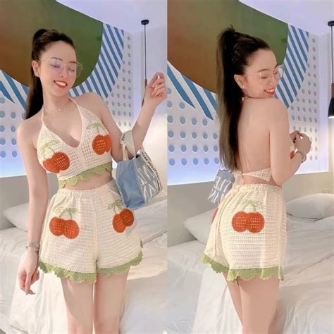 Cherry Crochet Wool Bikini Set Women S Swimsuit Piece Including Elastic Waistband Shorts