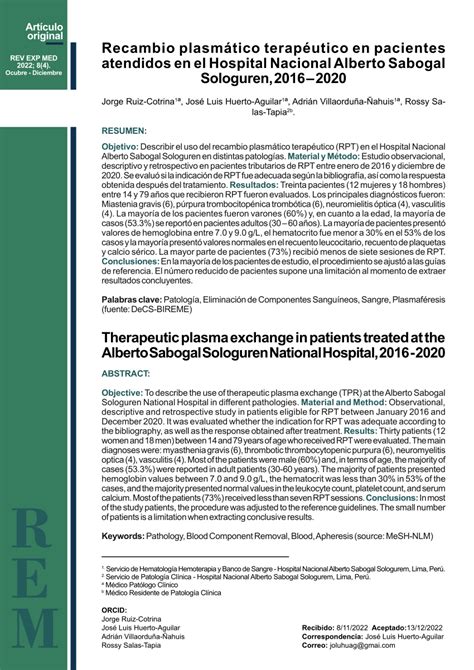 Pdf Recambio Plasm Tico Terap Utico En Pacientes Atendidos En El