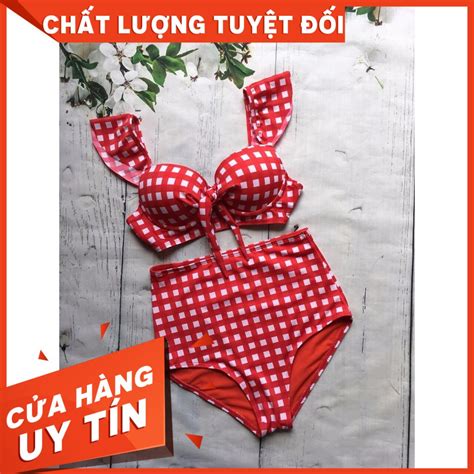 Bikini hai mảnh caro đỏ đẹp mặc đi biển Shopee Việt Nam
