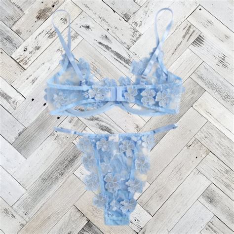 Baby Blue Lace Mesh Floral Lingerie Set Etsy