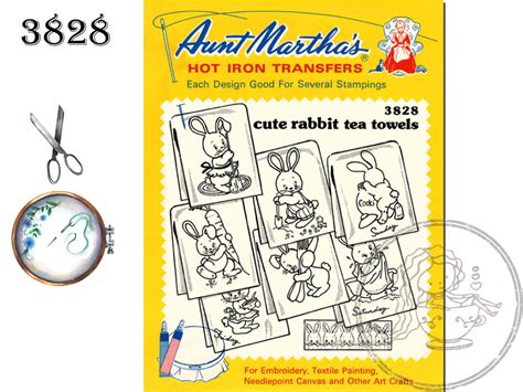 Cute Rabbit Transfers Tea Towels Aunt Martha S Transfer Pattern Hot Iron Transfers Etsy