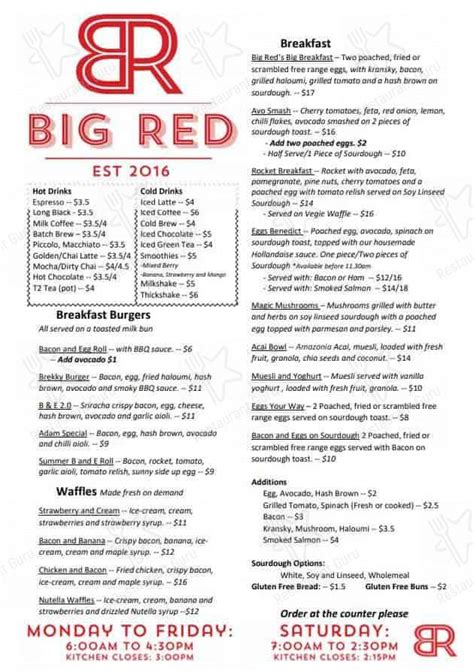 Menu at Big Red Cafe, Engadine