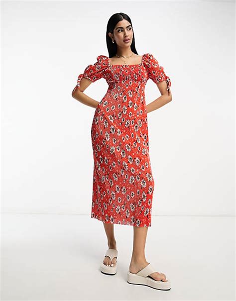 Asos Design Square Neck Puff Sleeve Plisse Midi Dress In Red Daisy Asos