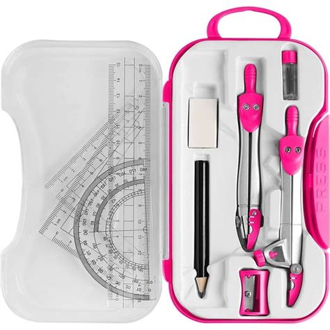geometry tool kit  compasses protractor pencil eraser sharpener