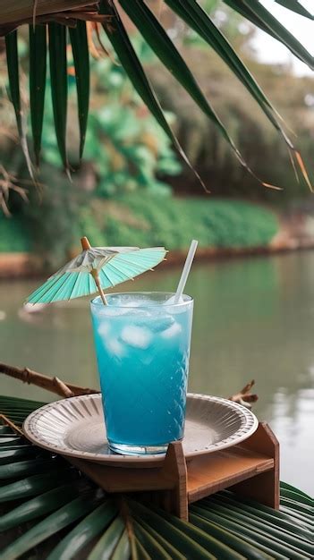 Blue Hawian Drink In A Plastic Glass And Coconut Leaves Premium Ai