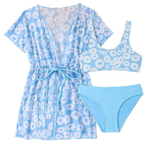 Tiijoy Big Girls Floral Bikini Set With Cover Up Beach Swimsuit Bathing Suit 3 Piece Sizes 8 9