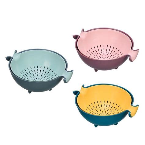 Kitchen Double Drain Basket Bowl Rice Washing Colander Strainer Fruit