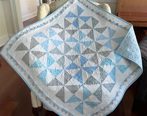 Baby Boy Pinwheel Quilt With Prairie Points With Watercolor Check