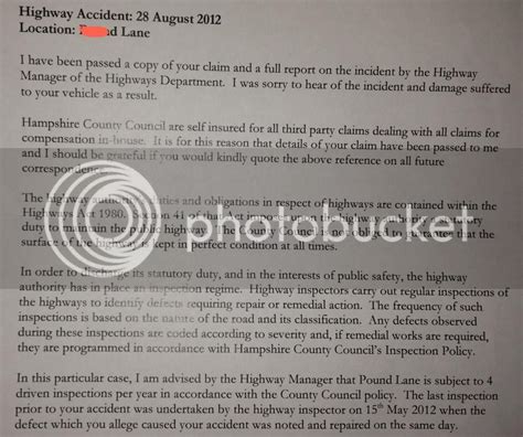 Pothole Damage Claim Letter