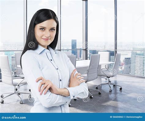 Brunette In A Corner Conference Room Modern Office With Huge Windows And Amazing New York