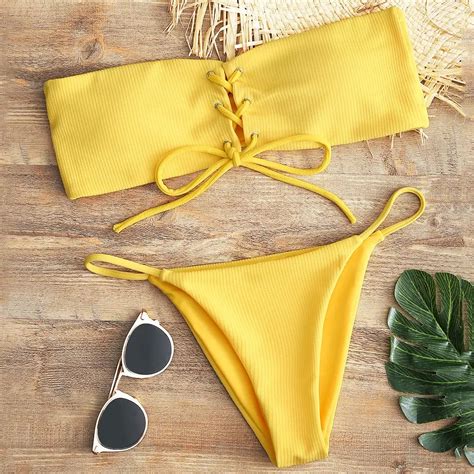 Zaful Lace Up Bandeau Thong Bikini Set Women Sexy Padded Swimsuit Strapless Swimwear Solid