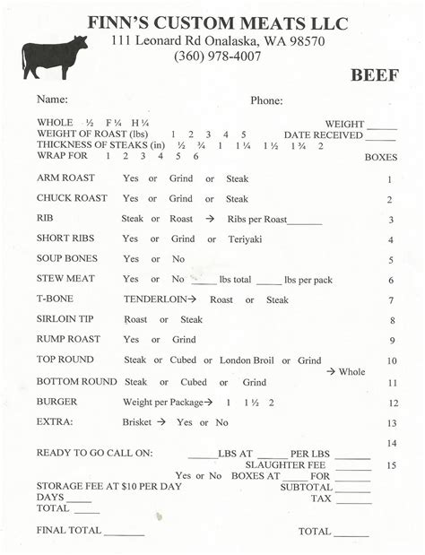 Beef Cut Order Form Form Example Download