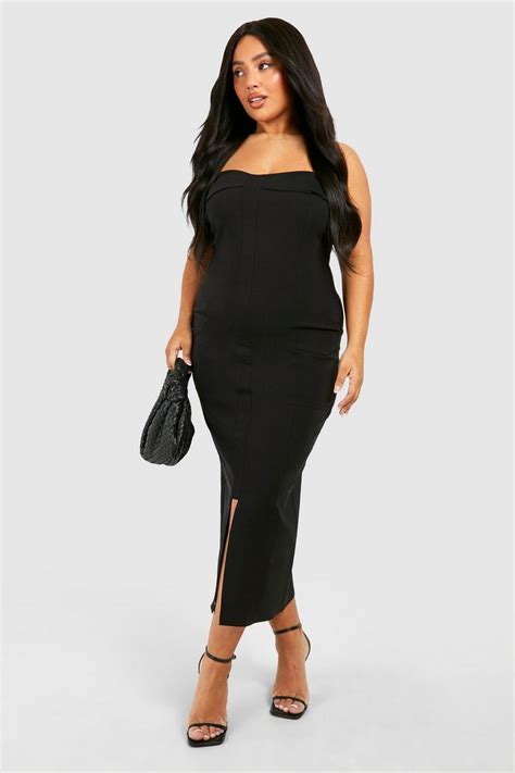 Plus Bengaline Bandeau Utility Midi Dress Boohoo Usa