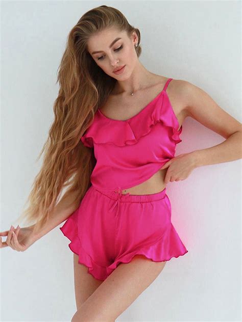 Pajamas Sleepwear Pink Ruffles Piece V Neck Sleeveless Silk Like Lingerie Milanoo