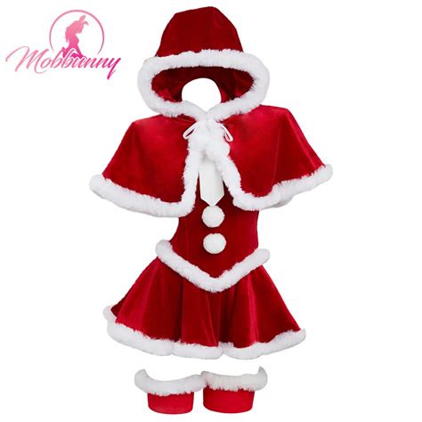 MOBBUNNY Women Lingerie Costume Christmas Red Skirt Plush Bodysuit With Cape And Sleeves