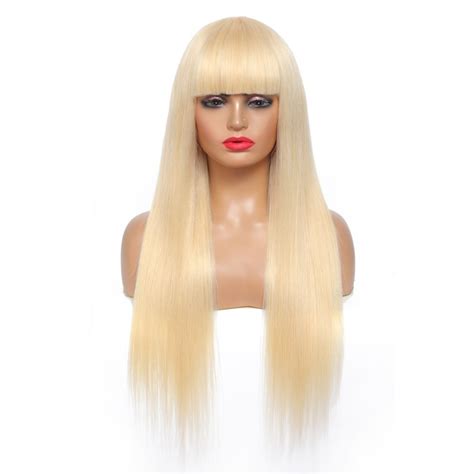 Straight 613 Blonde Wigs With Bangs Remy Hair Lace Front Full Lace Wig