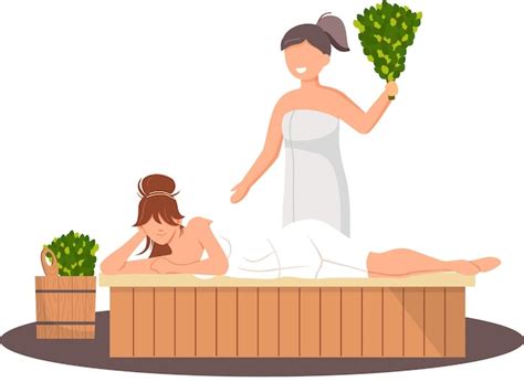 Premium Vector Woman Wearing Bath Towel Sits On Wooden Bench At Hot Steam Sauna Relaxing And