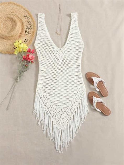 Shein Swim Bohofeel Fringe Hem Crochet Cover Up Shein Uk