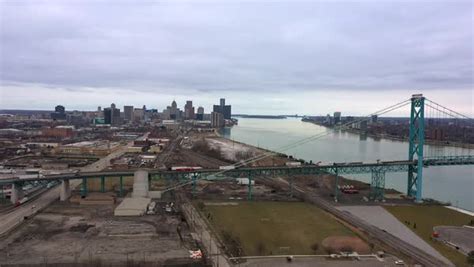 The Ambassador Bridge Viewing Detroit Along The River On The Border Of Canada Stock Video