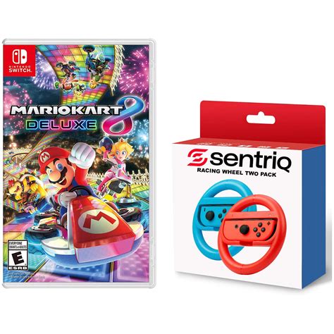 Nintendo Switch Mario Kart 8 Deluxe with Luigi DLC & Sentriq Racing Wheel Two Pack Joy Con