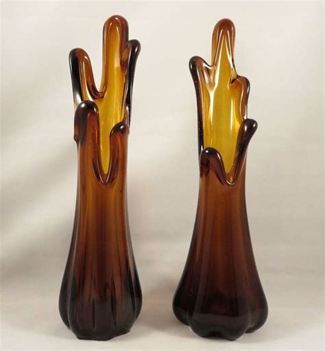 Excellent Dark Amber Viking Art Glass Swung Vase Pair Vtg Mid Century Blenko Era Viking